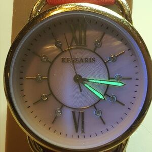 🦋10/$20🦋 Kessaris Goldtone /MOP Rhinestone Leather Women's Watch